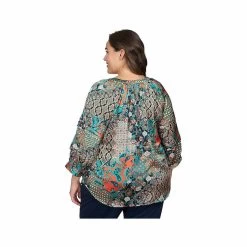Women's Flowing Paisley Patchwork 3/4- Sleeve Henley Top - Curvy