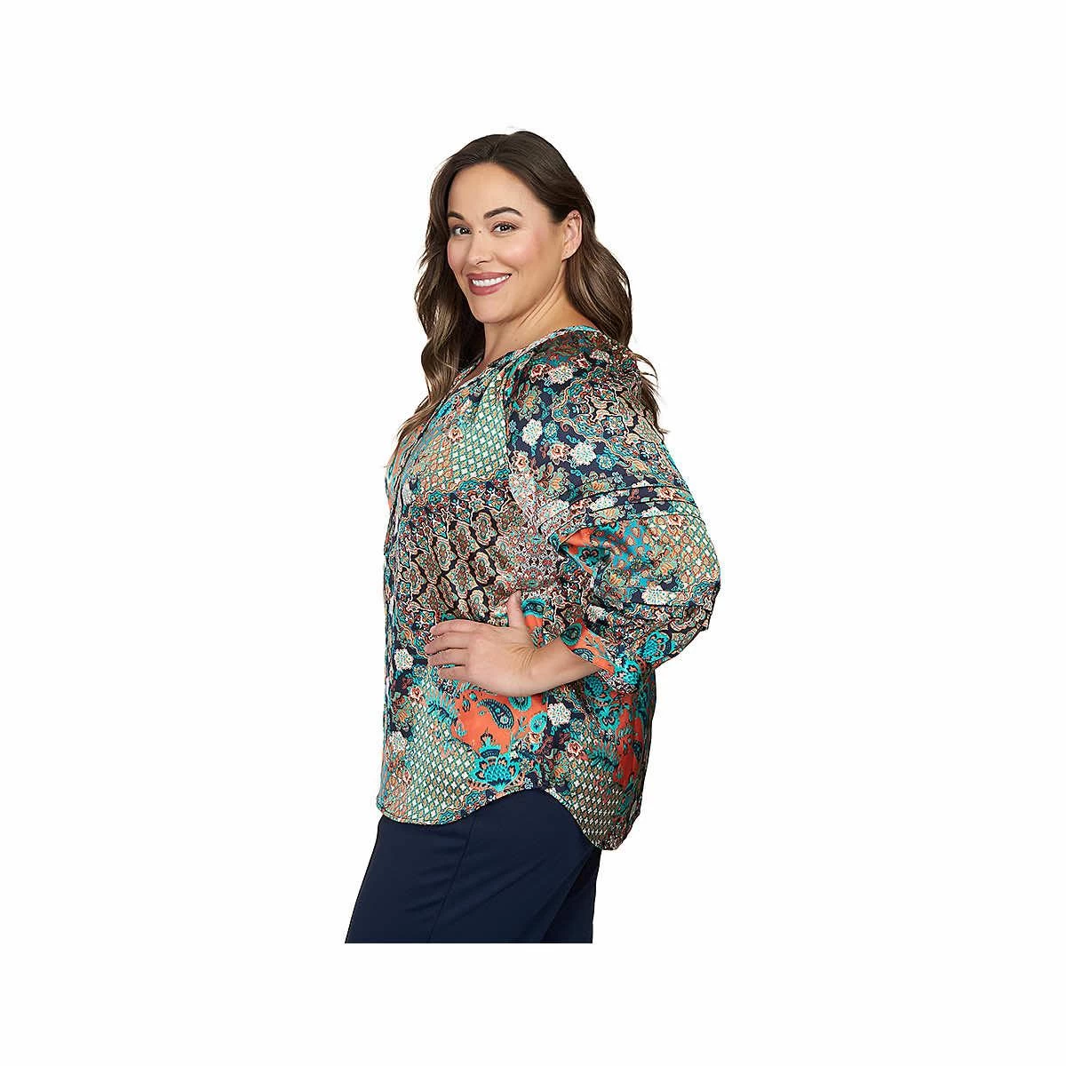 Women's Flowing Paisley Patchwork 3/4- Sleeve Henley Top - Curvy 4 Women's Flowing Paisley Patchwork 3/4- Sleeve Henley Top - Curvy - Image 2