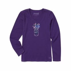 Women's Jar Bouquet V- Neck Long Sleeve Crusher T- Shirt