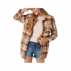 ONeill Women's Collins Oversized Superfleece Long Sleeve Plaid Shirt -Casual Wear Shop 75682 KHAKI KHA l