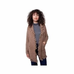 Women's Fringed Shawl- Neck Boucle Cardigan