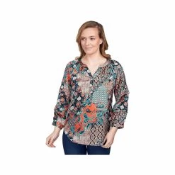 Women's Flowing Paisley Patchwork 3/4- Sleeve Henley Top -Casual Wear Shop 77757 TEAL MULTI l