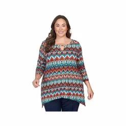 Women's Geometric Stripe Scoop Neck 3/4 Sleeve Top -Casual Wear Shop 77759 TEAL MULTI l