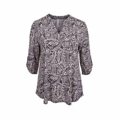 Women's Printed Lizzy 3/4 Sleeve Top - Curvy 12 Women's Printed Lizzy 3/4 Sleeve Top - Curvy -Casual Wear Shop 77916 A34 BLACK MOCHA l